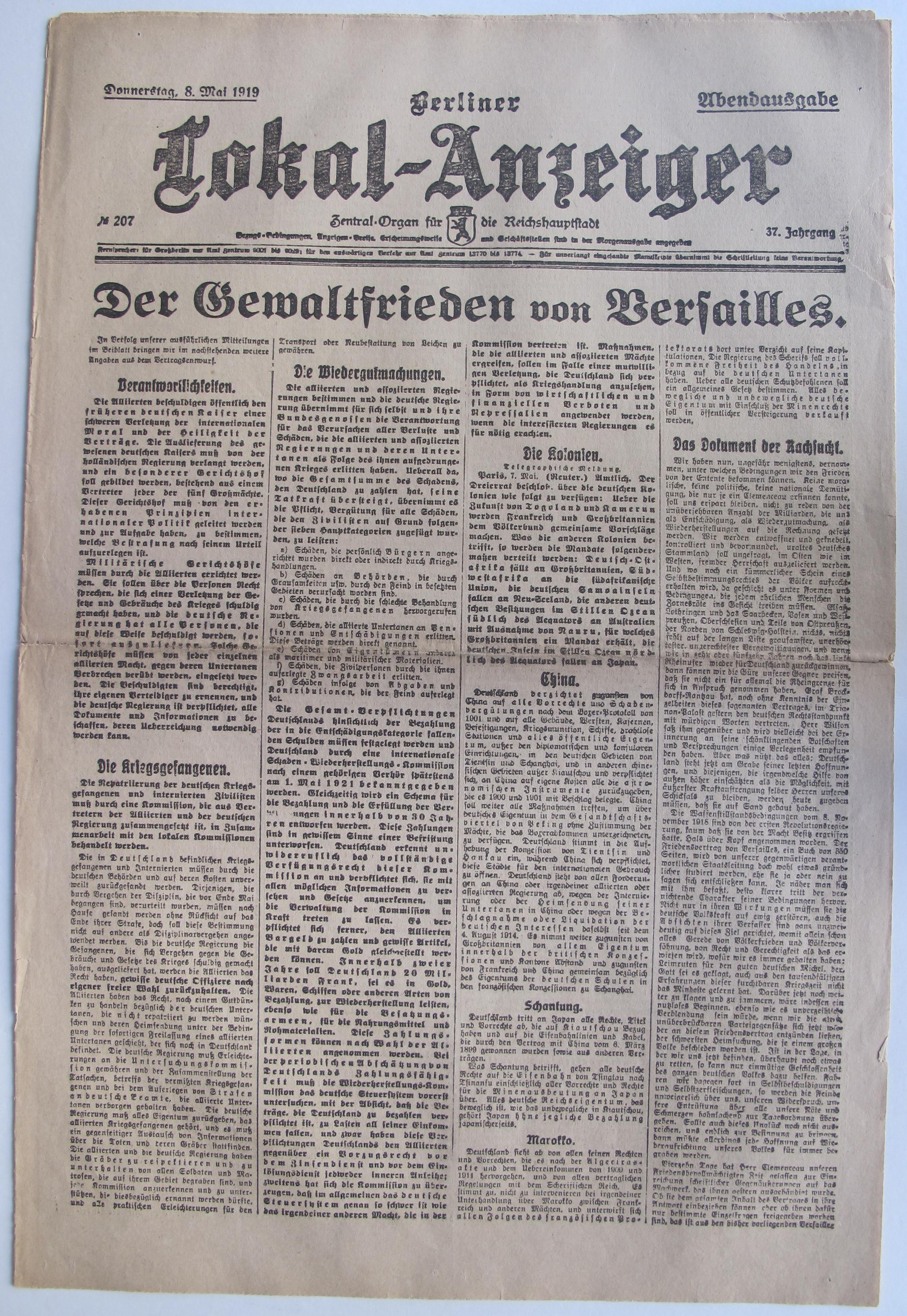 Zeitung: "Der Gewaltfrieden von Versailles" Berliner Lokal-Anzeiger, 1919