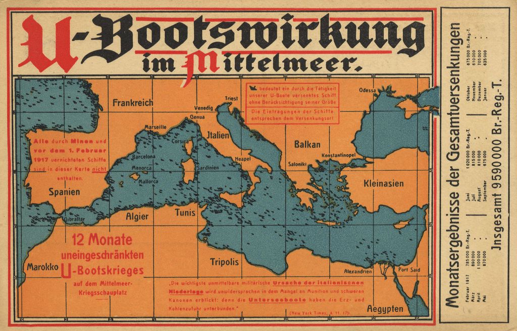 Postkarte: Versenkungen im uneingeschränkten U-Boot-Krieg, 1917/18
