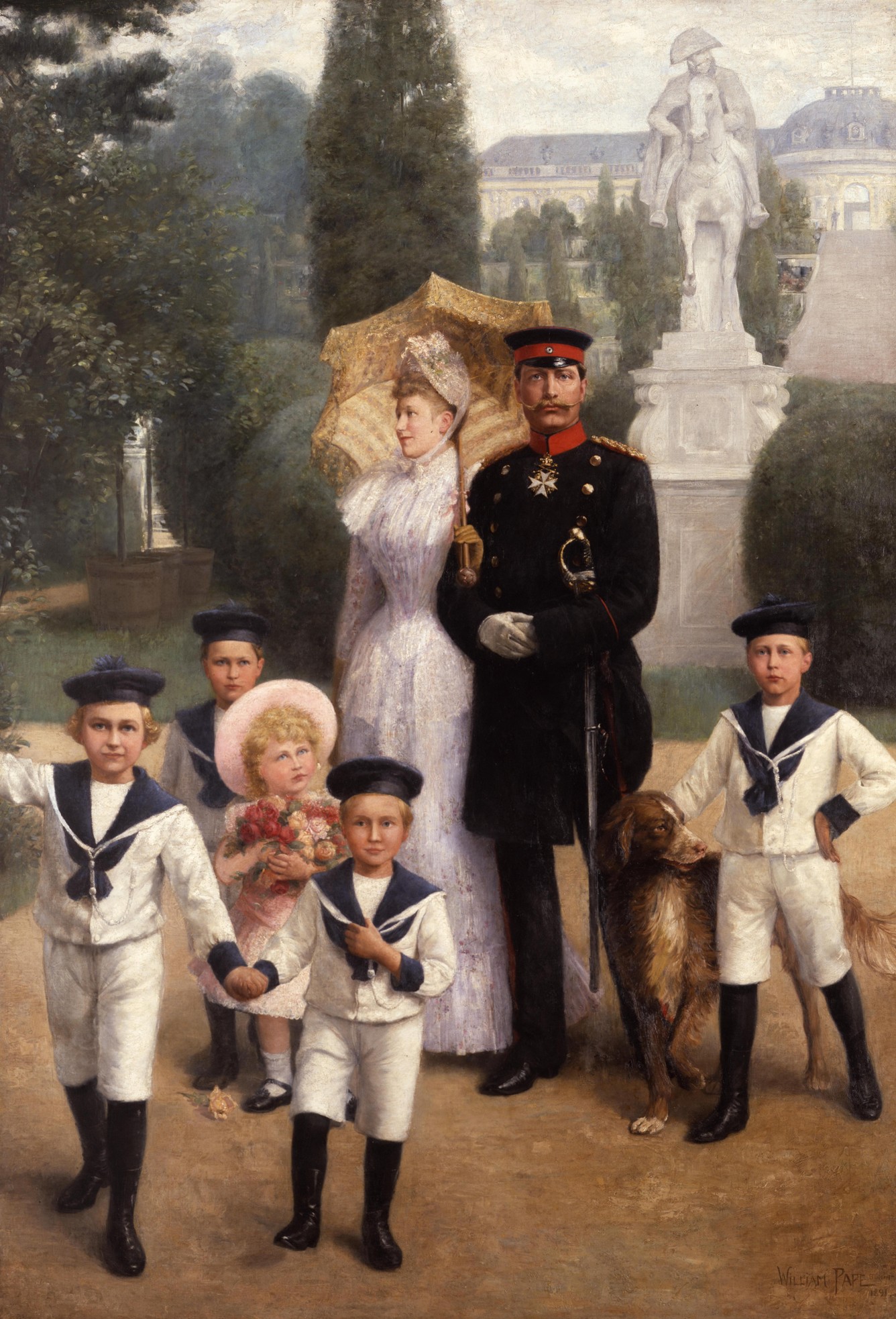 Gemälde: Die kaiserliche Familie im Park zu Sanssouci: Wilhelm II., Auguste Viktoria und die fünf ältesten Prinzen, 1891 Gemälde: Die kaiserliche Familie im Park zu Sanssouci: Wilhelm II., Auguste Viktoria und die fünf ältesten Prinzen, 1891