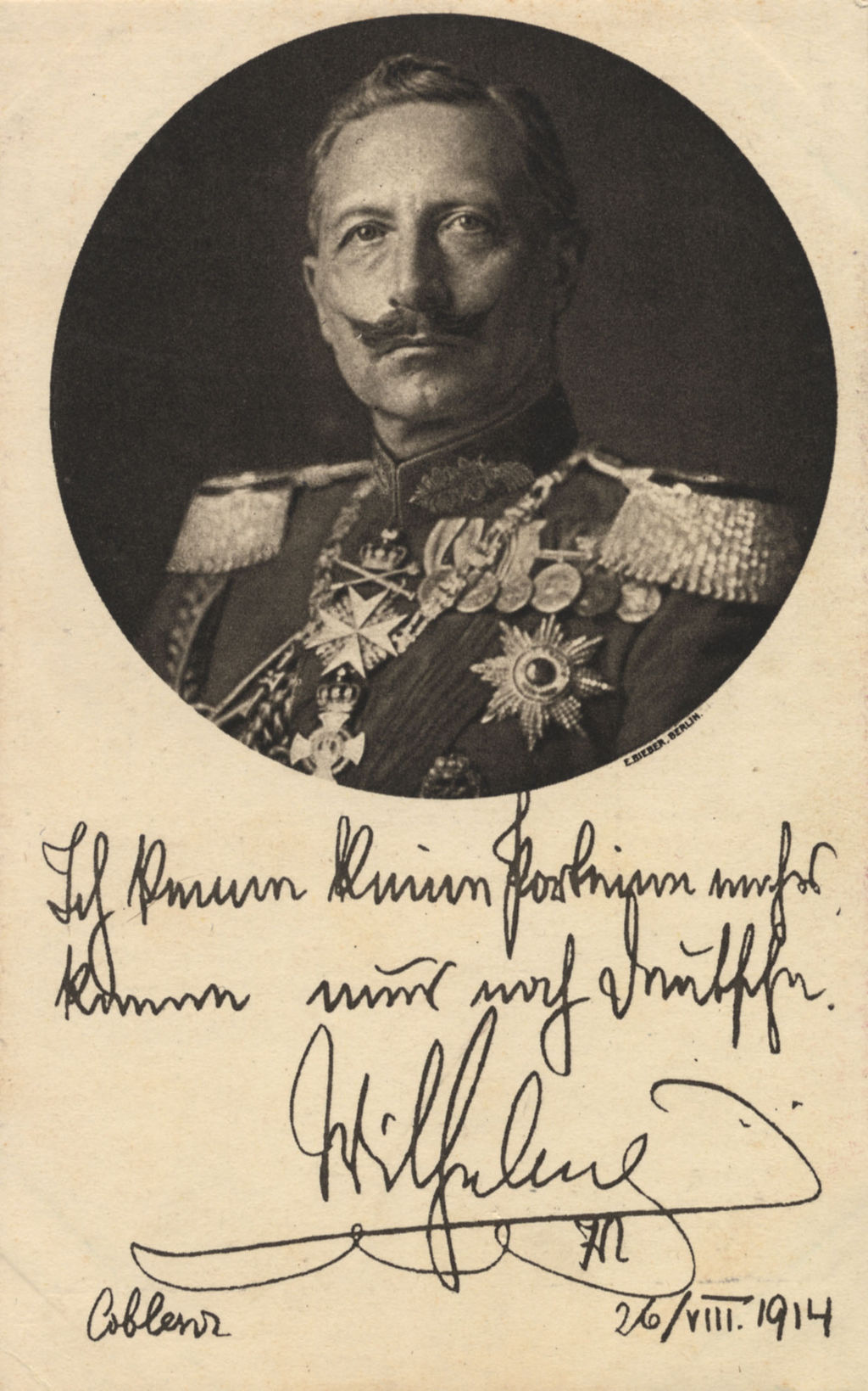 Postkarte: Porträt Wilhelms II. mit Ausspruch zum Kriegsbeginn, 1914 Porträt Wilhelms II. mit Ausspruch zum Kriegsbeginn, 1914