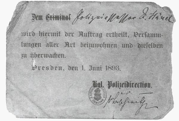 Legitimationskarte der königlichen Polizeidirection
                Dresden, Juni 1893