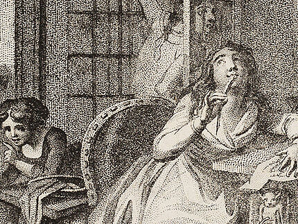 Eine Frau hält sich einen Stift an den Mund und scheint nachzudenken.