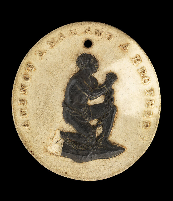 William Hackwood, Wedgwood Slave Emancipation Society medallion showing a kneeling slave and the words “Am I Not a Man and a Brother?”, England, ca. 1787/1790 William Hackwood, Wedgwood Slave Emancipation Society medallion showing a kneeling slave and the words “Am I Not a Man and a Brother?”, England, ca. 1787/1790