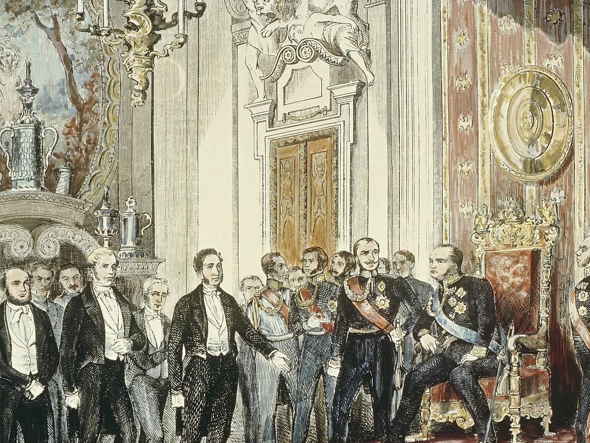 The Prussian King Friedrich Wilhelm IV is offered the German imperial crown by the deputation of the Frankfurt National Assembly on 3 April 1849 in the Knights The Prussian King Friedrich Wilhelm IV is offered the German imperial crown by the deputation of the Frankfurt National Assembly on 3 April 1849 in the Knights