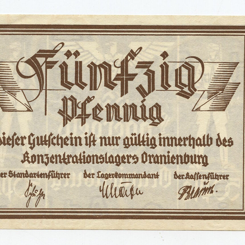 Voucher from the Oranienburg concentration camp worth 50 Reich pennies