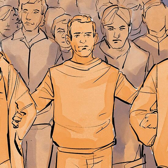 Illustration von Menschen in orange und braun, die sich versammelt haben und ernst schauen.