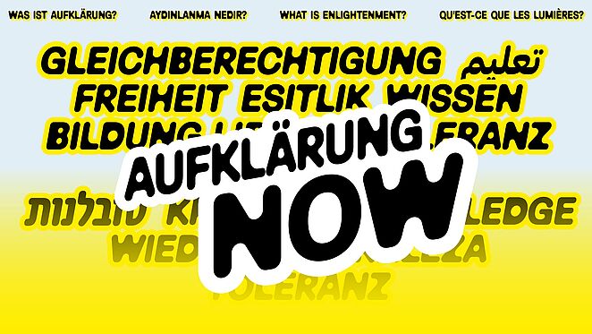 Grafik mit Text "Aufklärung Now" und anderen Wörtern.