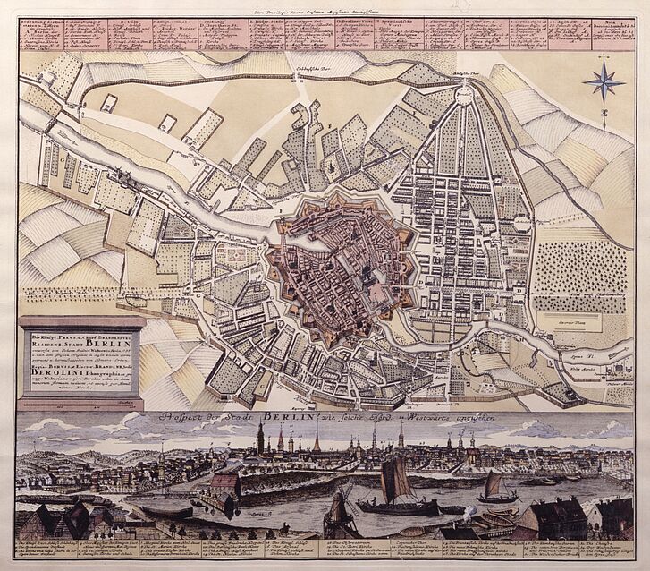 Johann Friedrich Walter, Map and veduta of the residence city of Berlin with the extensions of the early 18th century, Berlin, 1737 Johann Friedrich Walter, Map and veduta of the residence city of Berlin with the extensions of the early 18th century, Berlin, 1737