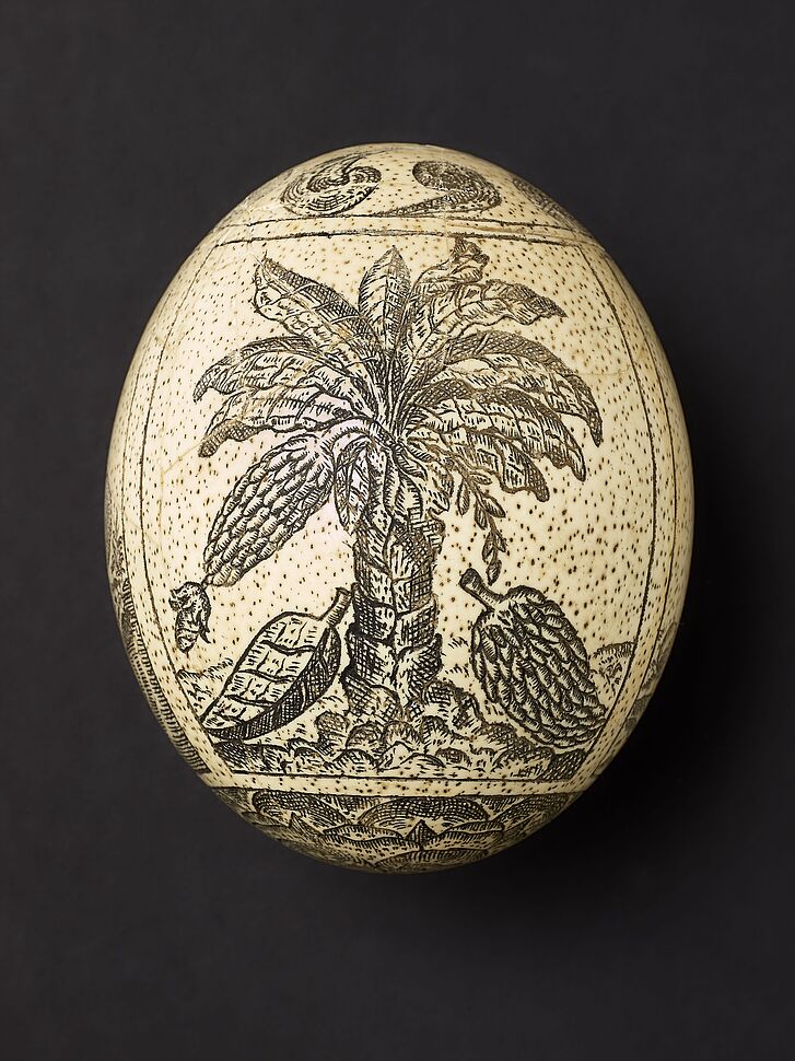Engraved ostrich egg with motifs from Jan van Linschoten’s Itinerario (1594–1596), Netherlands, ca. 1600/1620 Engraved ostrich egg with motifs from Jan van Linschoten’s Itinerario (1594–1596), Netherlands, ca. 1600/1620