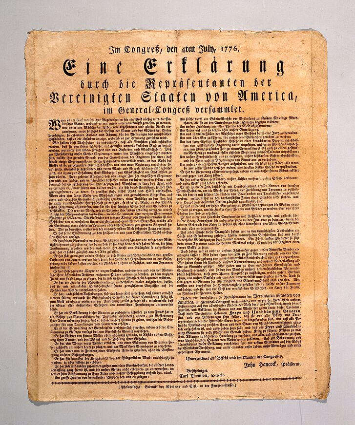 First printing of the Declaration of Independence of the United States of America from 4 July 1776, printed in German by Steiner and Cist, Philadelphia, 8 July 1776 First printing of the Declaration of Independence of the United States of America from 4 July 1776, printed in German by Steiner and Cist, Philadelphia, 8 July 1776