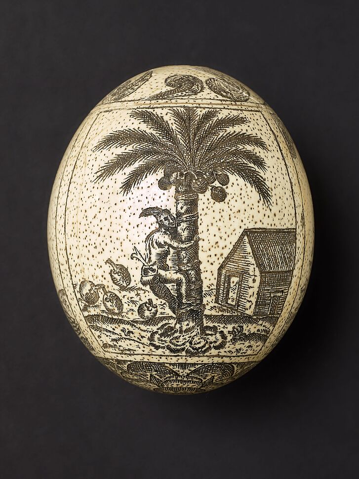 Engraved ostrich egg with motifs from Jan van Linschoten’s Itinerario (1594–1596), Netherlands, ca. 1600/1620 Engraved ostrich egg with motifs from Jan van Linschoten’s Itinerario (1594–1596), Netherlands, ca. 1600/1620