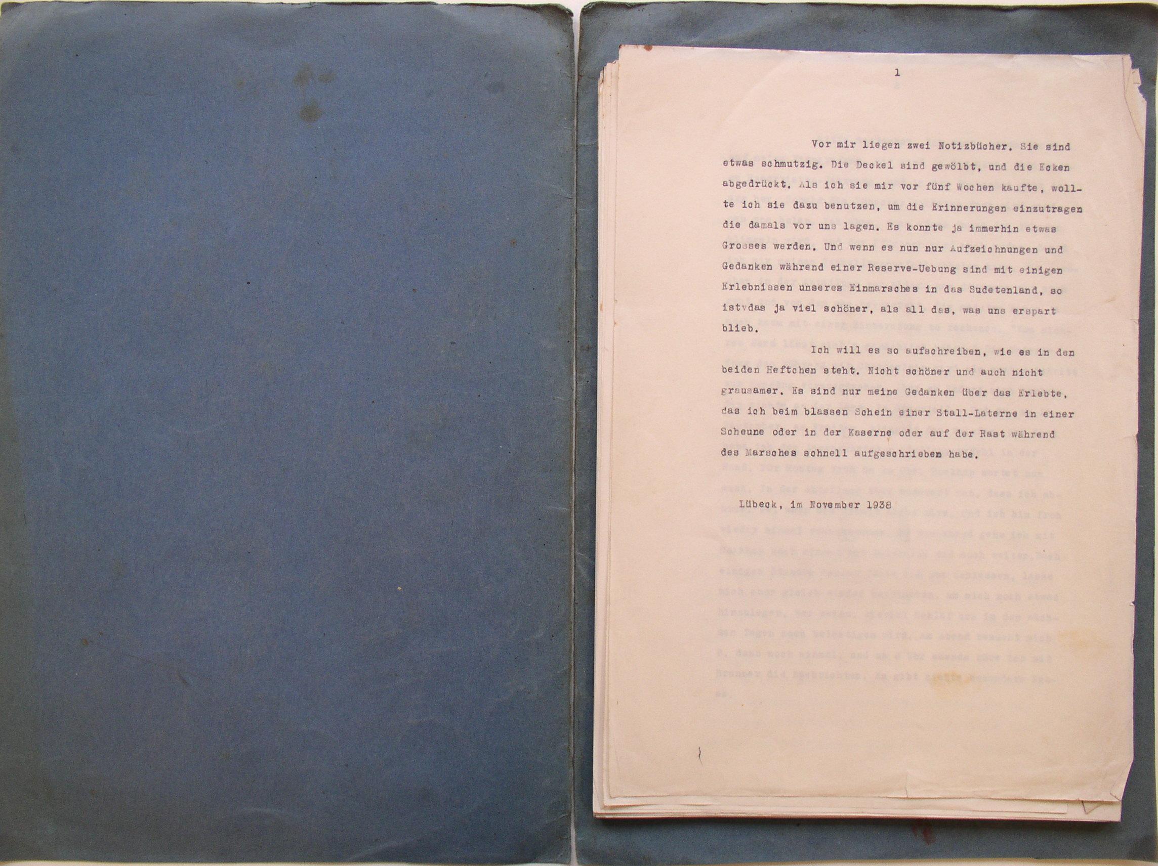Maschinenschriftlicher Erlebnisbericht von Herbert Wetzig über den Einmarsch in das Sudetenland 1938