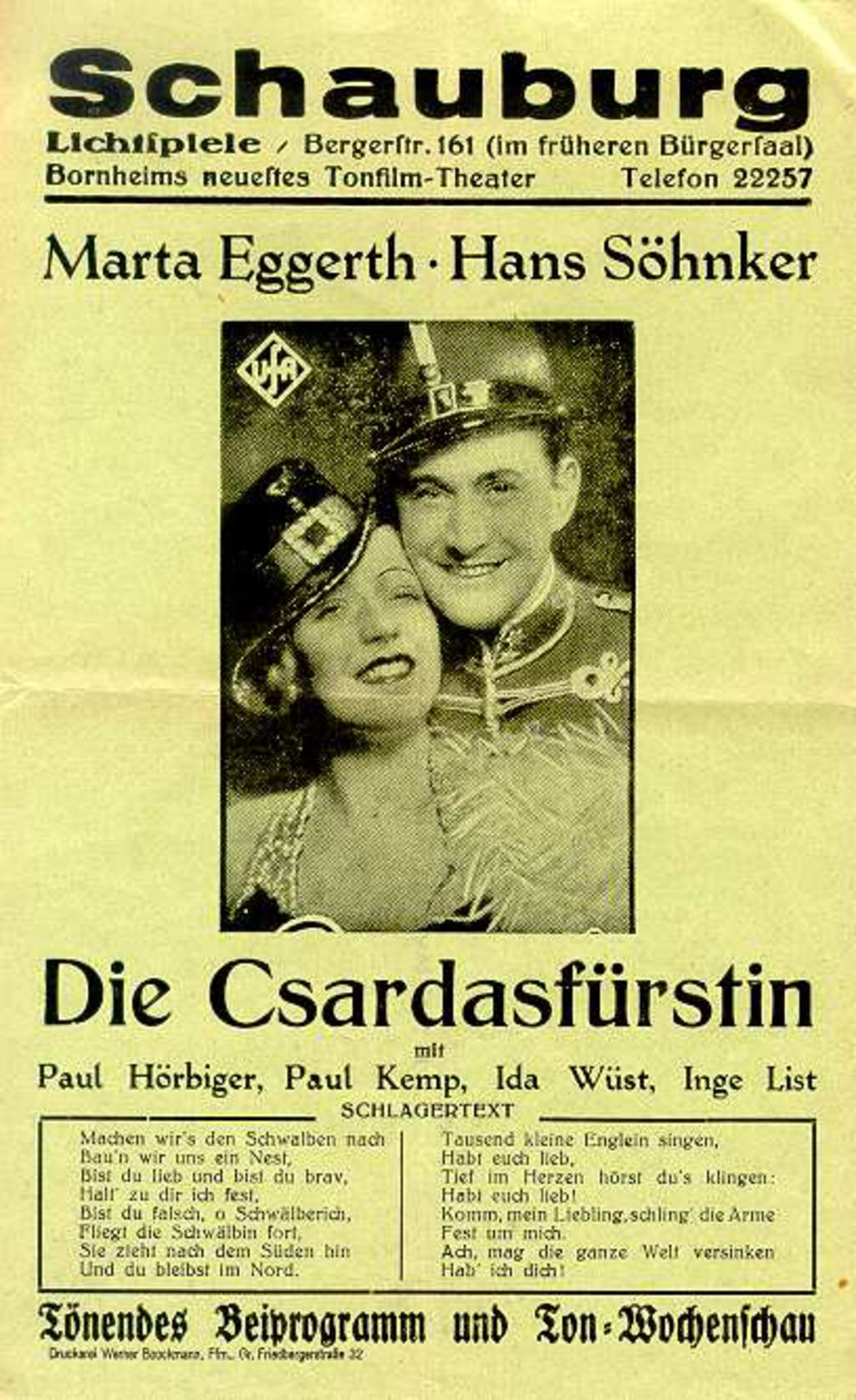 Exponat: Druckschrift: Kinowerbezettel für den Film "Die Csardasfürstin", um 1930