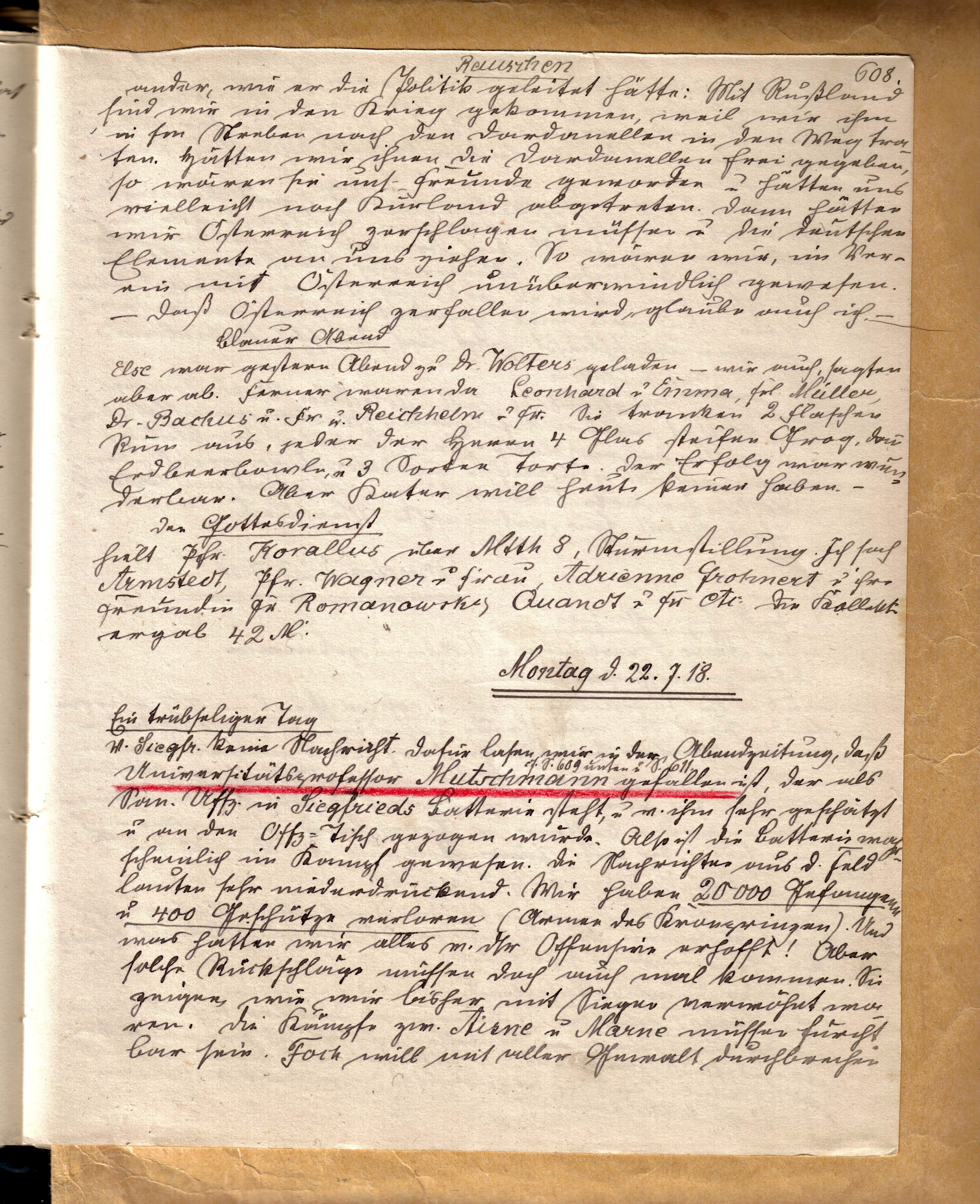 Paul Thomaschki: Tagebuchseite, Juli 1918