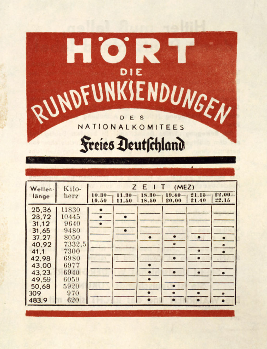 Kriegsflugblatt des Nationalkomitees „Freies Deutschland“ mit Frequenzen und Sendezeiten des NKFD-Rundfunkprogramms, herausgegeben 1944