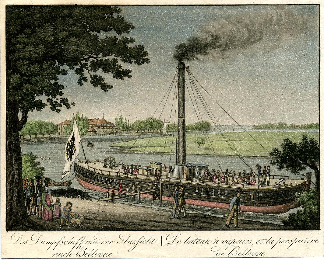 [Das Dampfschiff mit der Aussicht auf das Schloss Bellevue in Berlin, 1818]