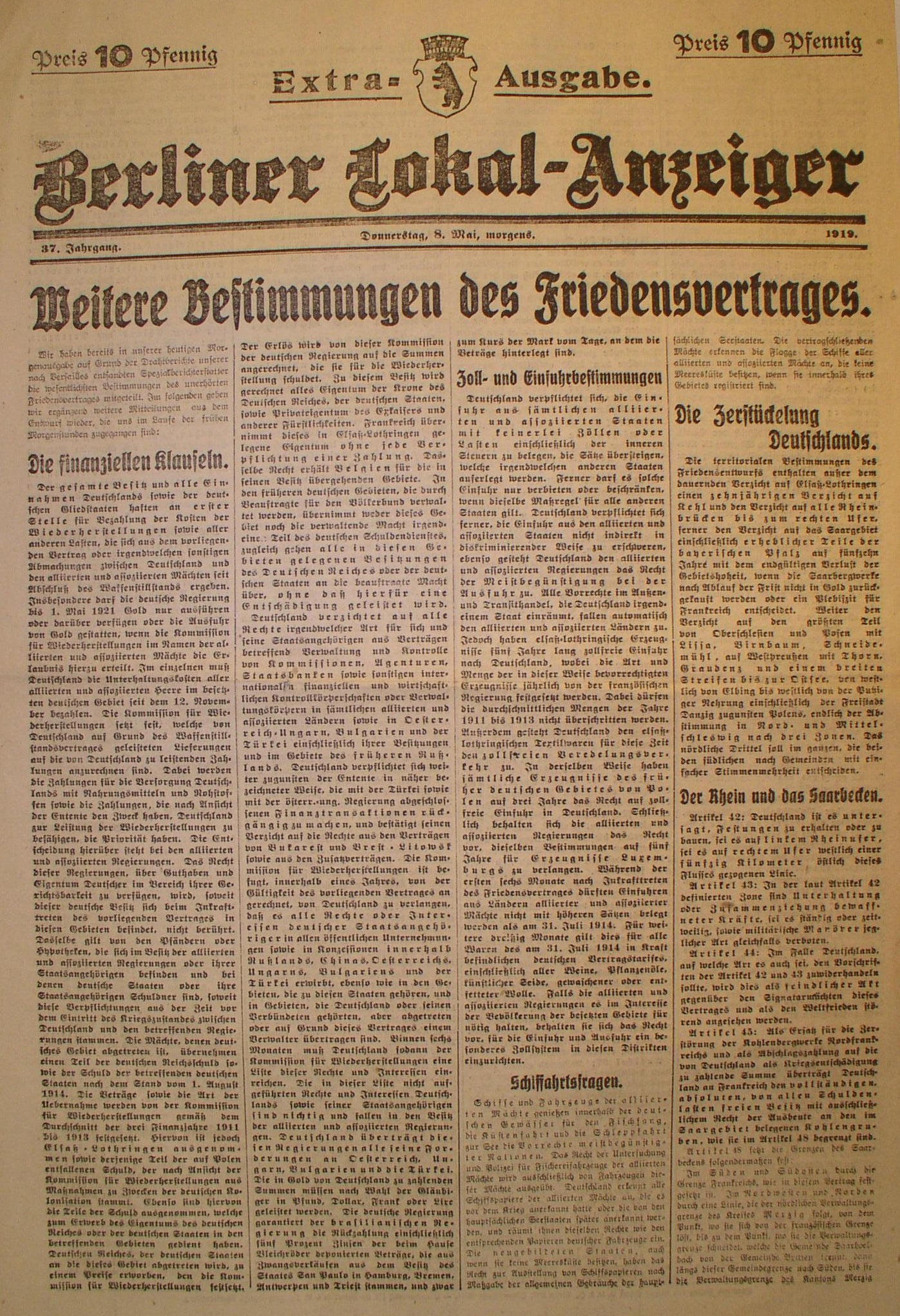 Zeitung: Berliner Lokal-Anzeiger (Titelblatt), 8.Mai 1919 (Kollektives Gedächtnis)